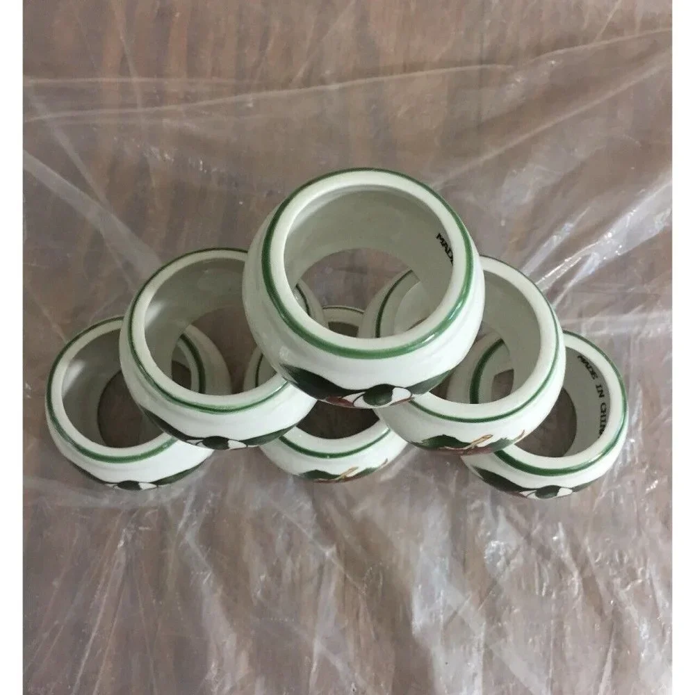 VTG Ceramic Napkin Rings White Apples Cherries 1.25